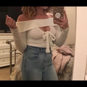 Off the shoulder white cropped sweater w/front bow